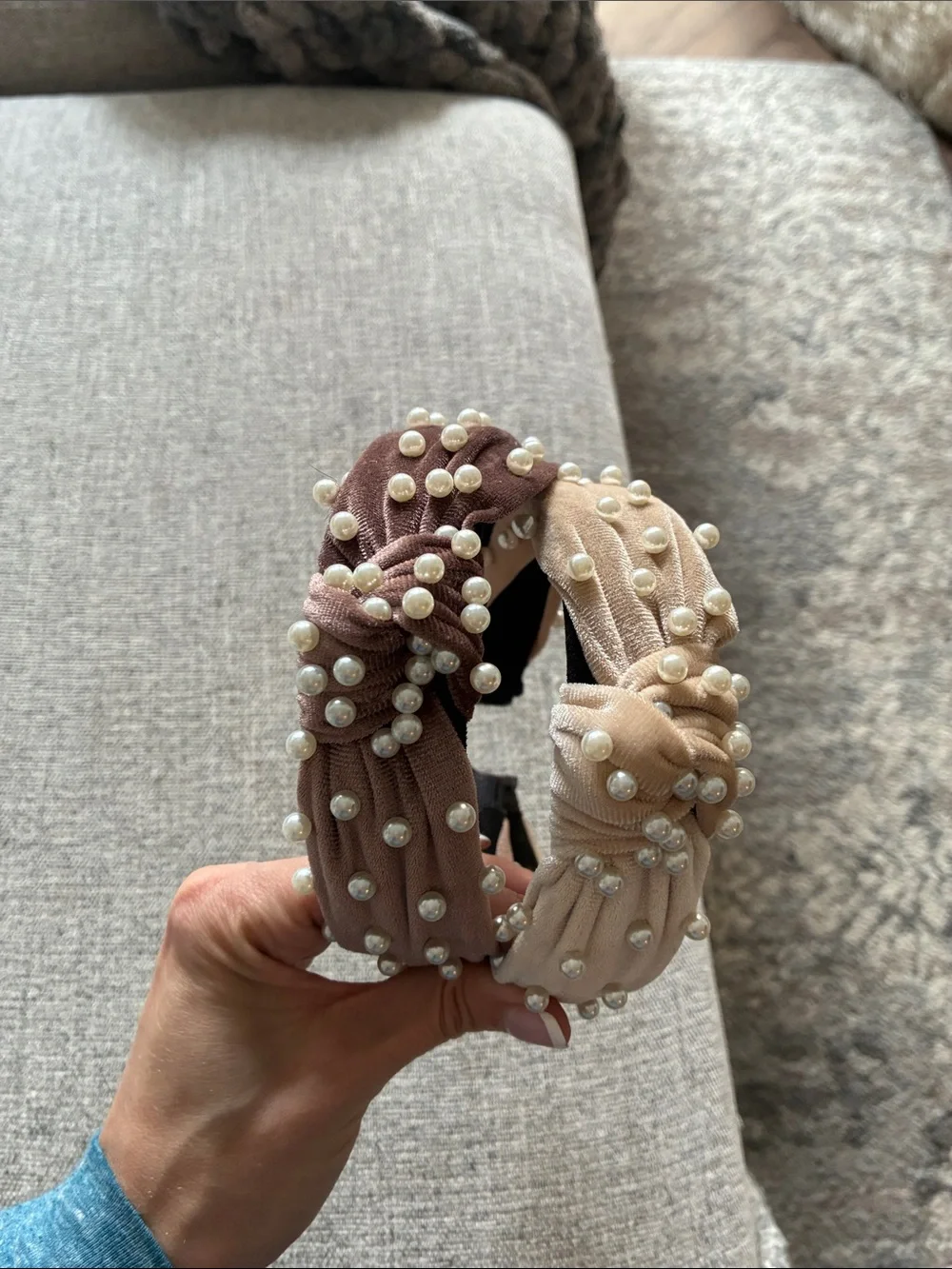 Pearl-Studded Velvet Knot Headbands in Beige and Brown